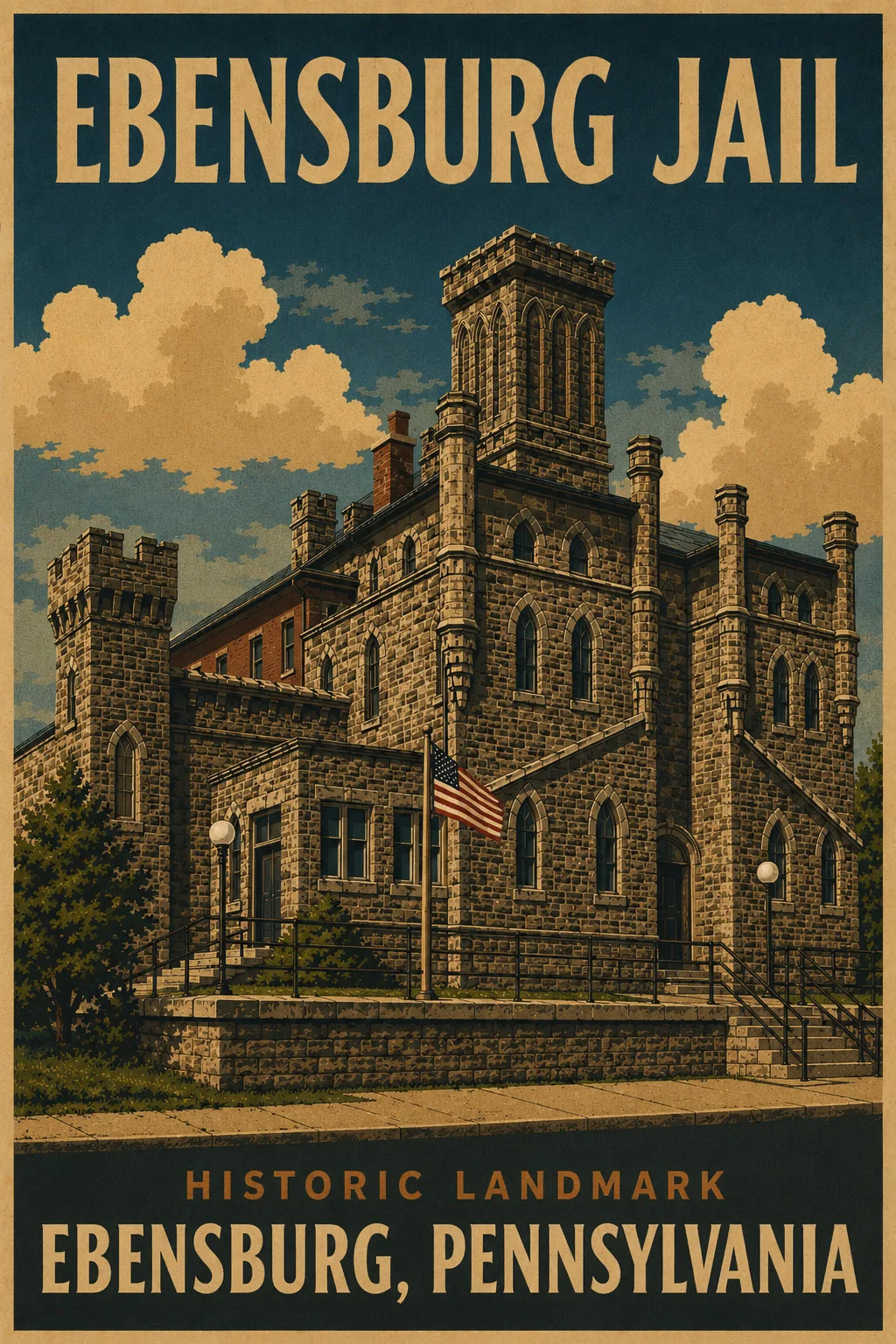 Illustrated poster of the historic Cambria County Jail in Ebensburg