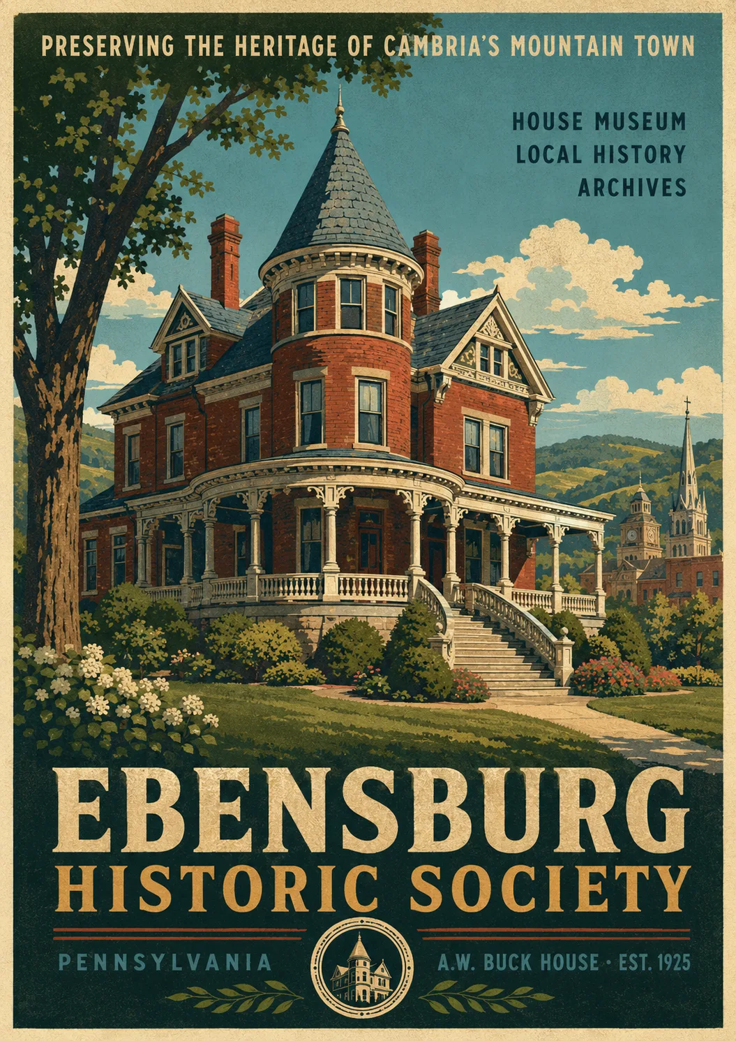 Illustrated poster for the Ebensburg Historic Society and A.W. Buck House
