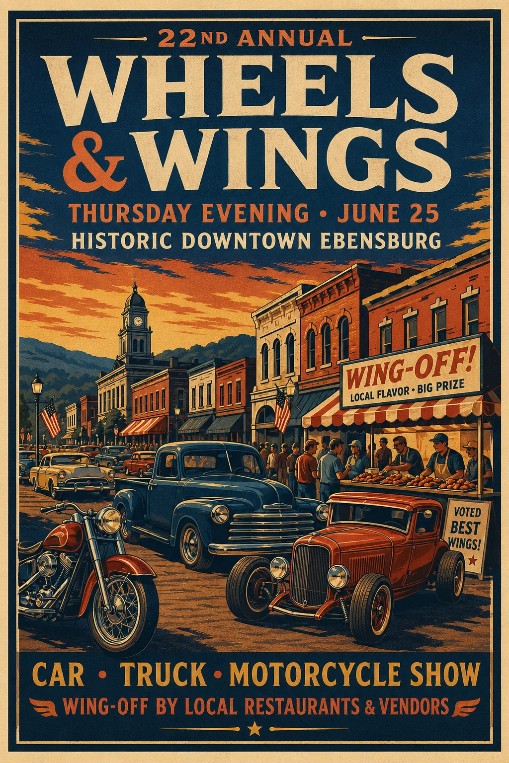 Illustrated poster for Wheels & Wings in downtown Ebensburg